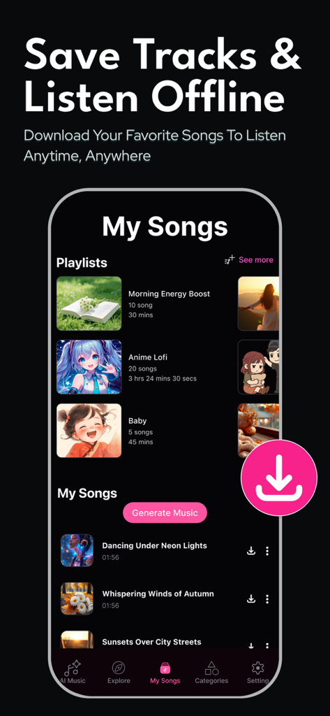 Interface of the AI Songs app showing the My Songs library where users can save tracks and listen to music offline.