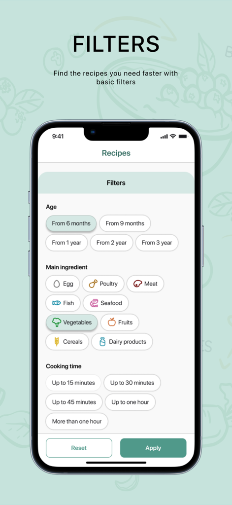 Baby Plates - Interfaz de la aplicación Baby Plates que muestra filtros de recetas por edad, ingrediente principal y tiempo de cocción