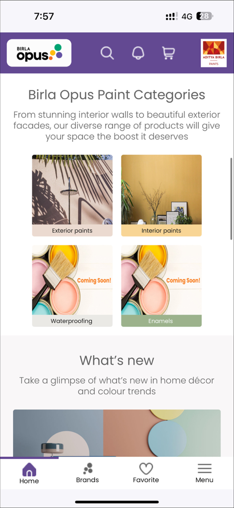 My Opus - The My Opus app dashboard displaying paint categories for interior and exterior home surfaces.