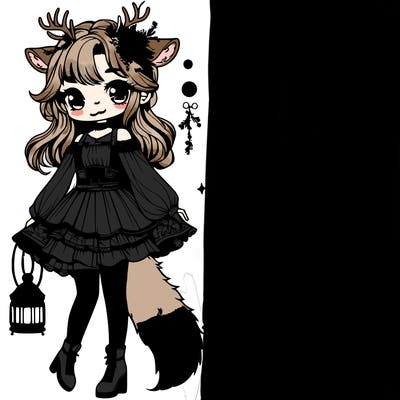 a cute cartoon character in the style of kawai, wearing a offshoulder corset and short skirt with fishnet leggings and high heels, green eyes, fluffy deer antlers, brown hair, ,fluffy dear tail,long hair, long sleeves,holding a latern, gradient, blush