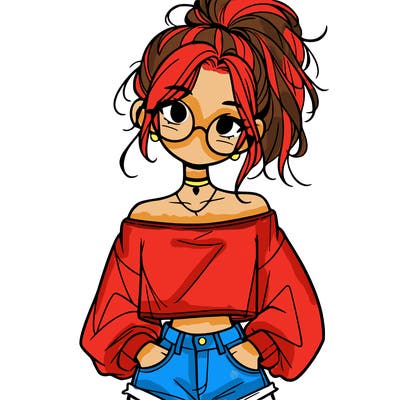 girl with a messy ponytail glasses a baggy crop top and jean shorts