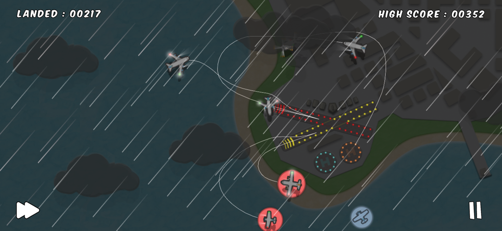 雨と雲がある嵐の夜に航空機が滑走路に誘導される様子を示すPlanes Controlのゲームプレイ