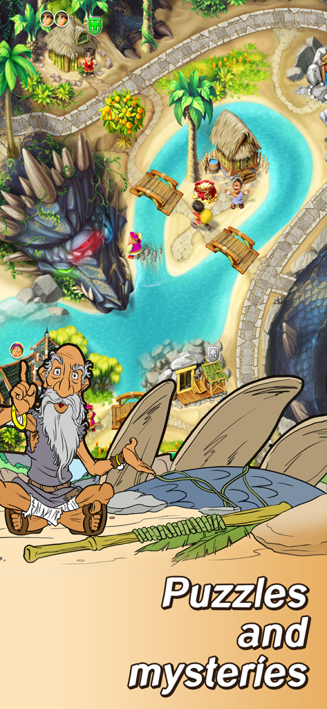Kingdom Chronicles 2 HD - A wizard character showing a tropical island map with worker units and puzzles in Kingdom Chronicles 2 HD.