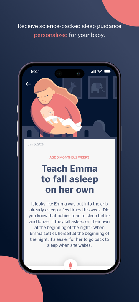 Nanit - Interface de l'application Nanit montrant un coaching et des conseils personnalisés sur le sommeil d'un bébé