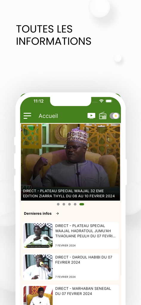 Asfiyahi TV | FM | Actu - Asfiyahi TV mobile app home screen showing latest religious news and live videos