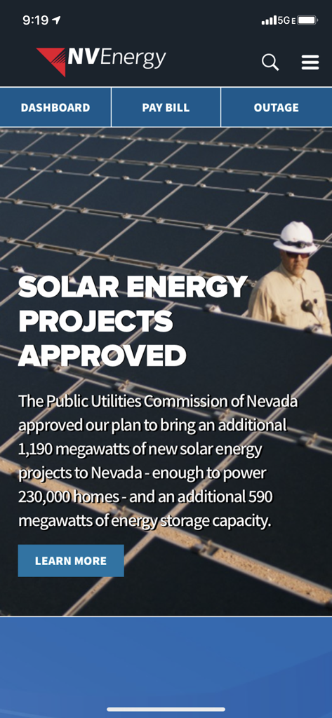 NV Energy - NV Energy mobile app dashboard showing solar energy projects update and utility navigation menu