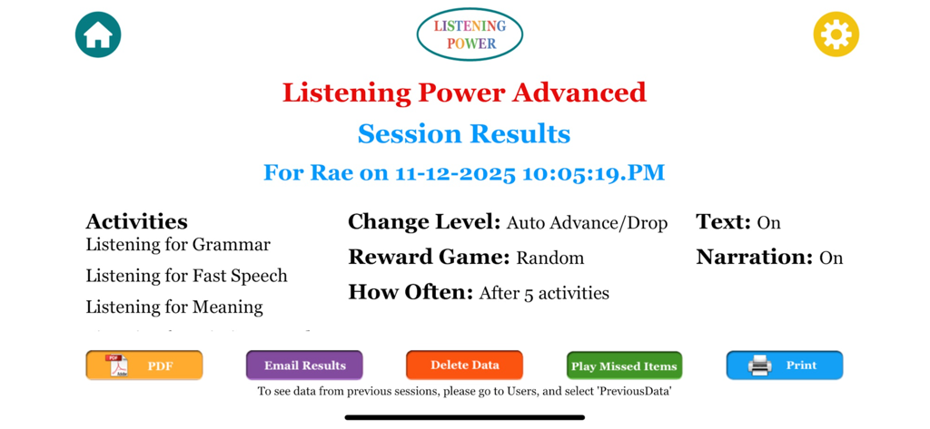 Session results screen for Listening Power Advanced app showing user progress and activity settings