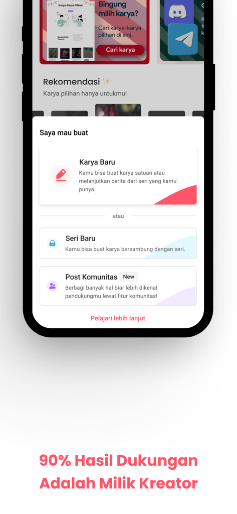 Interface do aplicativo KaryaKarsa mostrando opções para criadores postarem um novo trabalho, série ou mensagem comunitária.