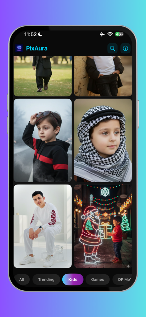 PixAura - AI Prompt Generator - PixAura mobile app interface showing a grid of AI generated portraits in the Kids category