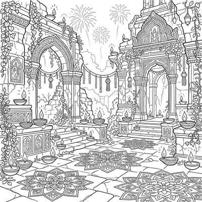 Immerse yourself in the festive spirit of Diwali with this stunning coloring page featuring ancient temple ruins. Discover intricate details like glowing diyas, elaborate rangoli, and distant fireworks awaiting your creative touch.