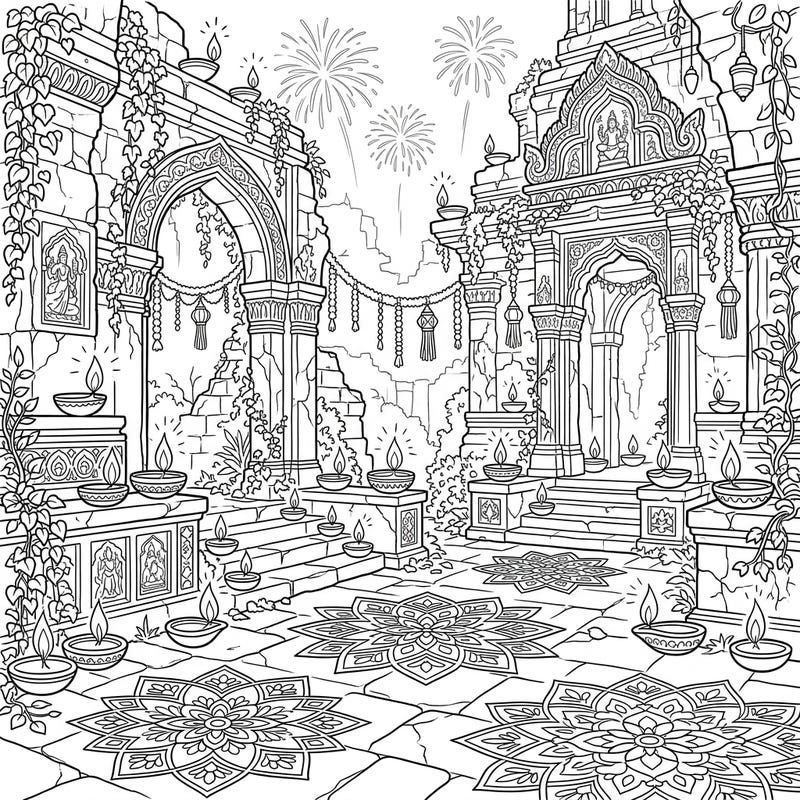 Immerse yourself in the festive spirit of Diwali with this stunning coloring page featuring ancient temple ruins. Discover intricate details like glowing diyas, elaborate rangoli, and distant fireworks awaiting your creative touch.