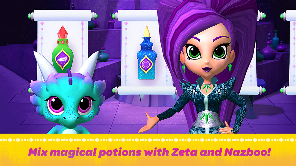 Shimmer and Shine: Genie Games - Zeta and Nazboo standing next to magical potions in the Shimmer and Shine app.