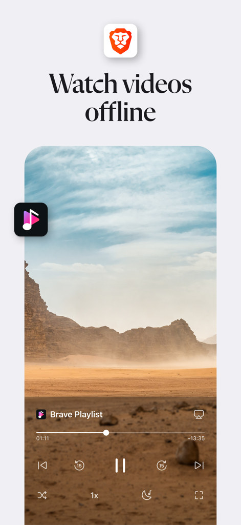 동영상을 오프라인으로 시청하는 데 사용되는 Brave 플레이리스트 기능을 보여주는 Brave 브라우저 인터페이스