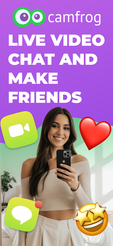 Camfrog: Live Cam Video Chat - Werbebild für die Camfrog-App mit einer Frau und dem Text Live Video Chat und Freunde finden