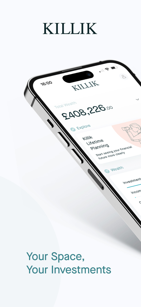 iPhone mostrando la interfaz de la aplicación Killik and Co con el saldo total del patrimonio y las funciones de planificación de inversiones.