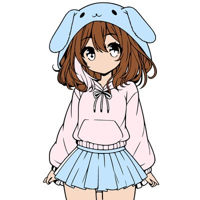 pretty anime girl wearing a fluffy hoodie with bunny ears on the hood and a skirt
