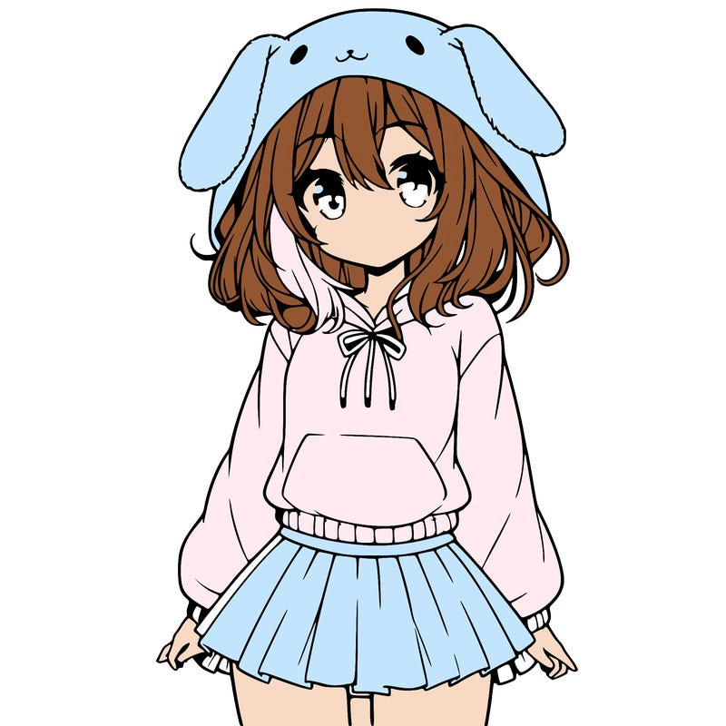 pretty anime girl wearing a fluffy hoodie with bunny ears on the hood and a skirt