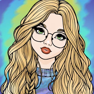 girl with long hair and freckles and glasses realistic