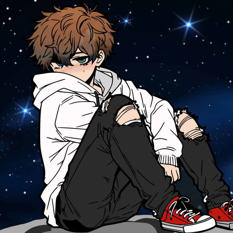 a male hoddie ripped jeans messy hair anime