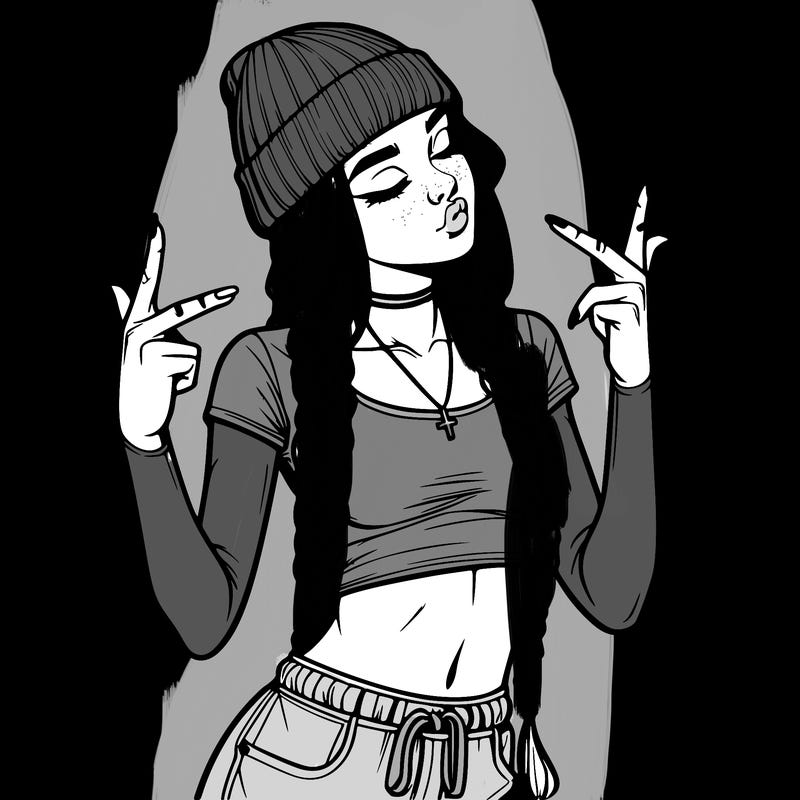realistic teenage girl with braids and a beanie and crop top doing 🫶🏼
