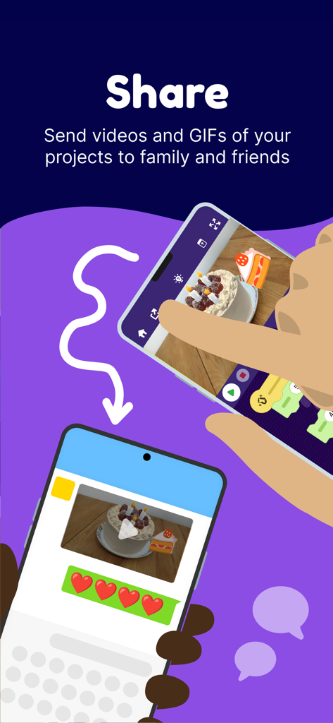 An illustration showing a user sharing a creative coding project from OctoStudio as a video message to a friend.