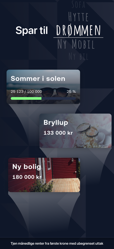 Bulder - Interfaz de la aplicación móvil Bulder que muestra metas de ahorro personalizadas con imágenes y barras de progreso para una boda, una casa nueva y vacaciones de verano