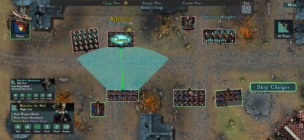 SOVL: Fantasy Warfare - Top-down view of a fantasy tactical battle showing unit maneuvers and a charge command
