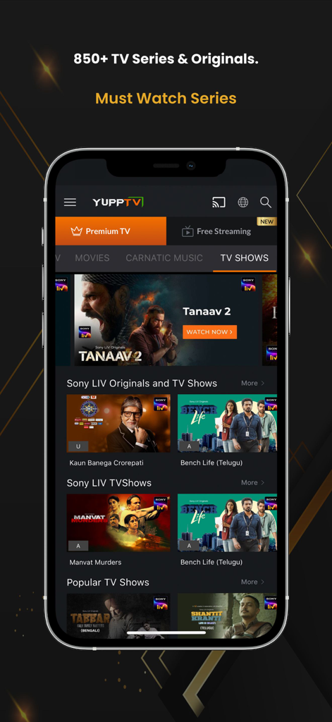 YuppTV - Live TV & Movies - Smartphone screen displaying the YuppTV app interface featuring a collection of Indian TV series and Sony LIV originals.