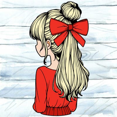 realistic girl  with hip length hair a bun and a big bow on the back of head
