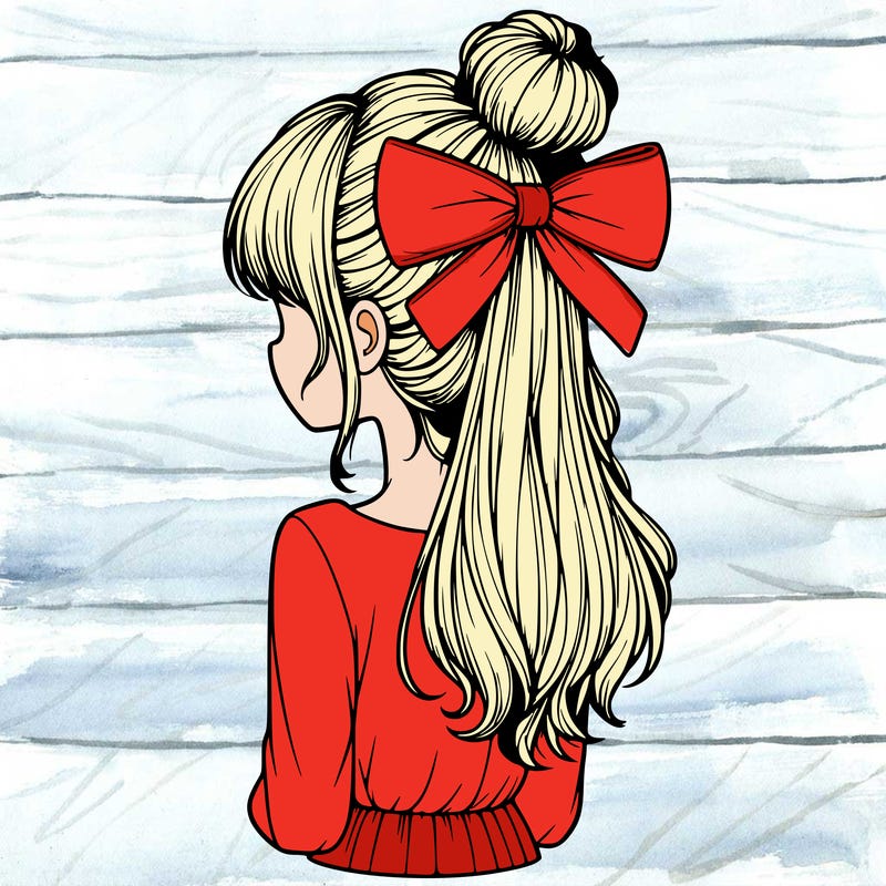 realistic girl  with hip length hair a bun and a big bow on the back of head