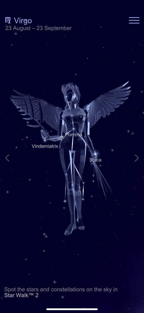 별이 빛나는 밤하늘에서 별이 표시된 처녀자리 별자리의 3D 그래픽 표현.