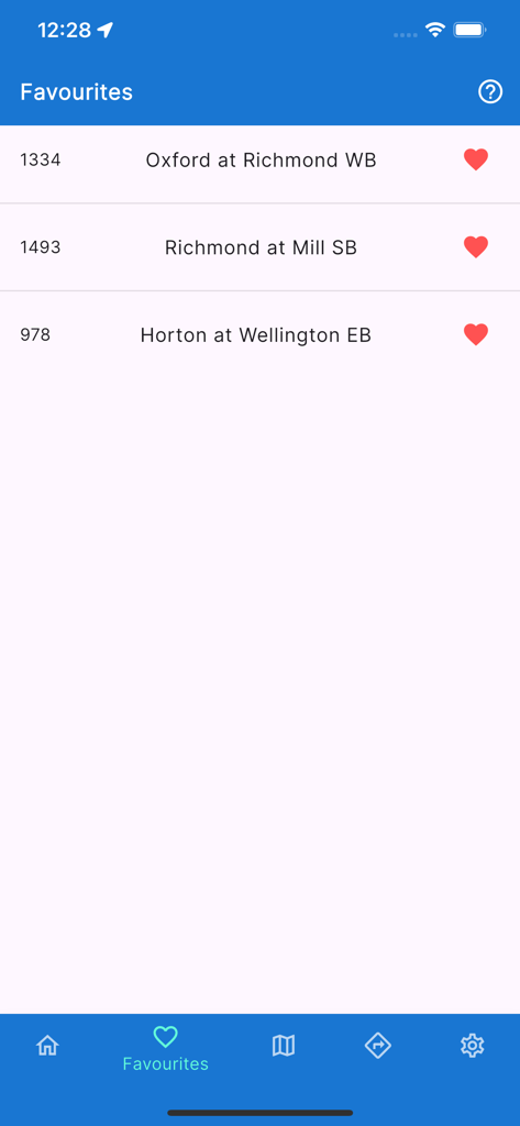 London Transit LTC Live - Favorites screen of the London Transit LTC Live app showing a list of saved bus stops.