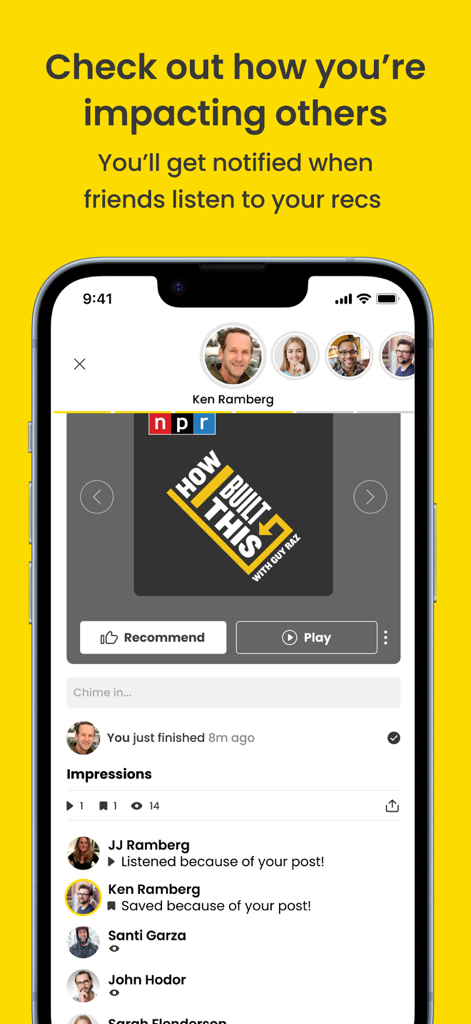 Goodpods: Podcast Player - Smartphone screen displaying Goodpods social impact and podcast recommendation notifications.