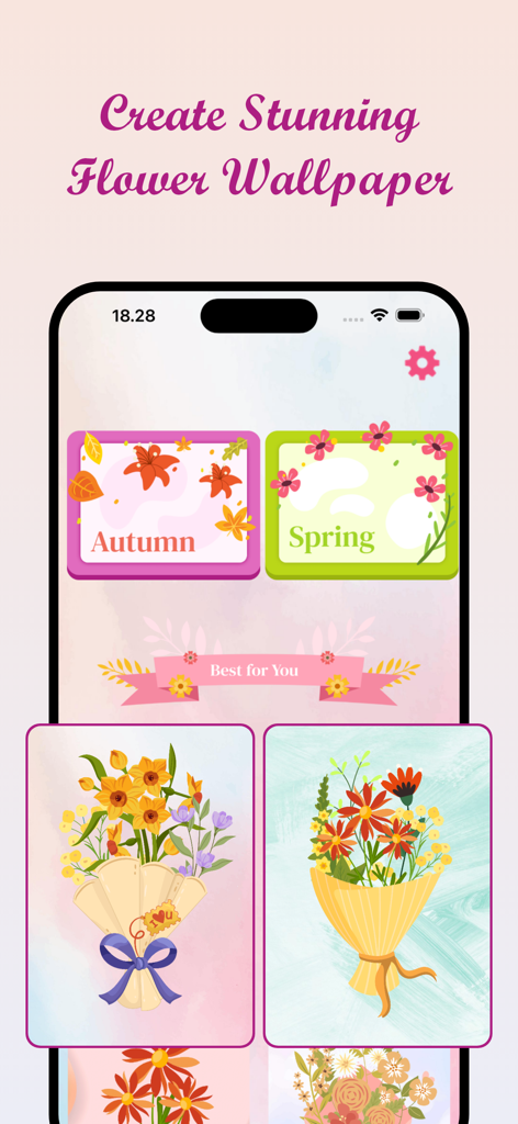 Flower Language: DIY Bouquet - 季節のテーマとブーケでカスタムフラワー壁紙を作成するためのモバイルアプリのインターフェース