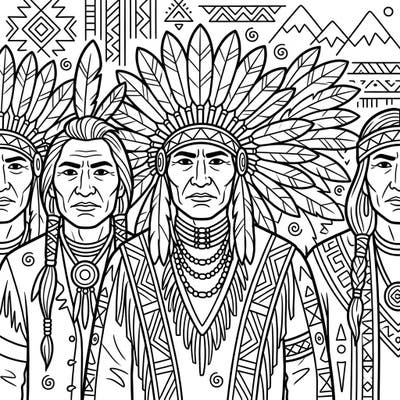 Delve into the rich history and vibrant culture of Native American Chiefs with this beautifully detailed coloring page. Featuring traditional garments and symbolic headdresses, it's perfect for a mindful coloring experience.