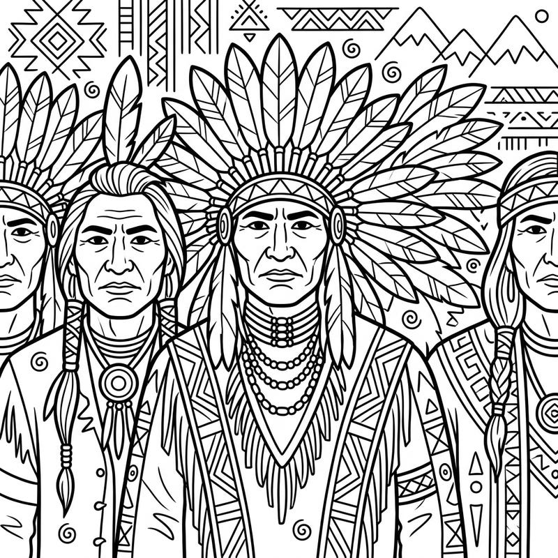 Delve into the rich history and vibrant culture of Native American Chiefs with this beautifully detailed coloring page. Featuring traditional garments and symbolic headdresses, it's perfect for a mindful coloring experience.