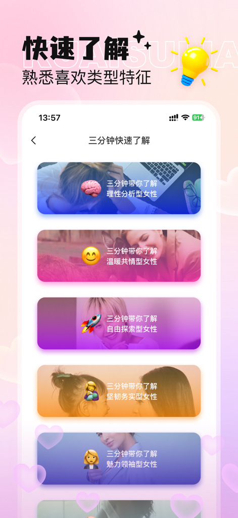 Écran d'application mobile de Lian Xiao Miao montrant différents types de personnalité féminine et guides de rencontres