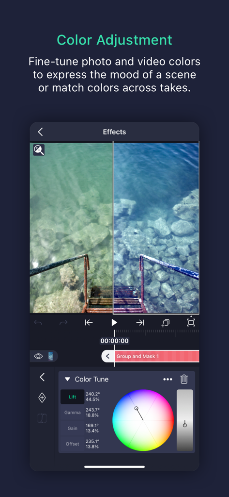Alight Motion app showing professional color adjustment tools with a color wheel and a split screen preview of color grading
