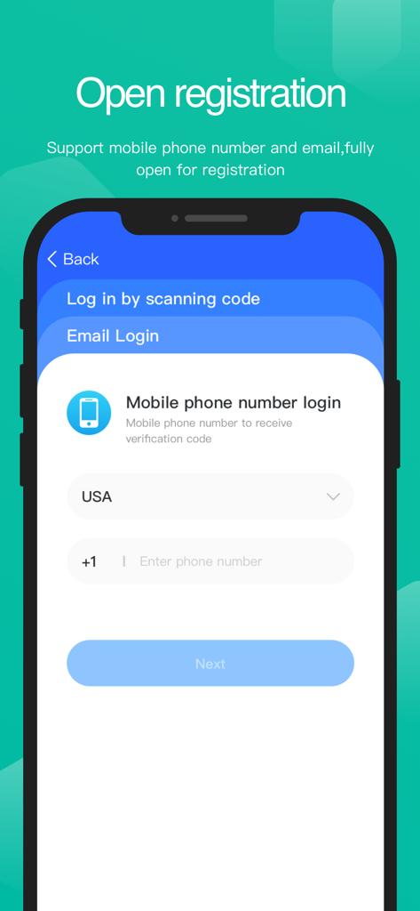 Ant Messenger - Ant Messenger mobile app registration screen showing phone number and email login options