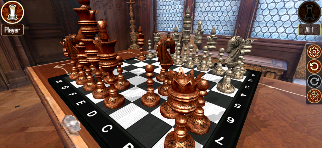 Warrior Chess - A 3D chess board with intricate pieces in a historical Baroque room.