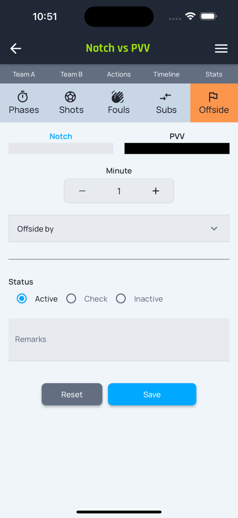 SML Manager - SML Manager app screen for recording offside statistics in a soccer match between Notch and PVV.