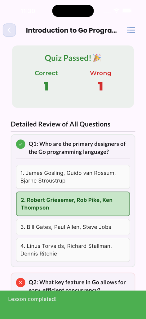 Learn Go Lang | GoPrgramming - Screenshot dell'app Impara Go Lang che mostra i risultati del quiz e una revisione dettagliata delle domande