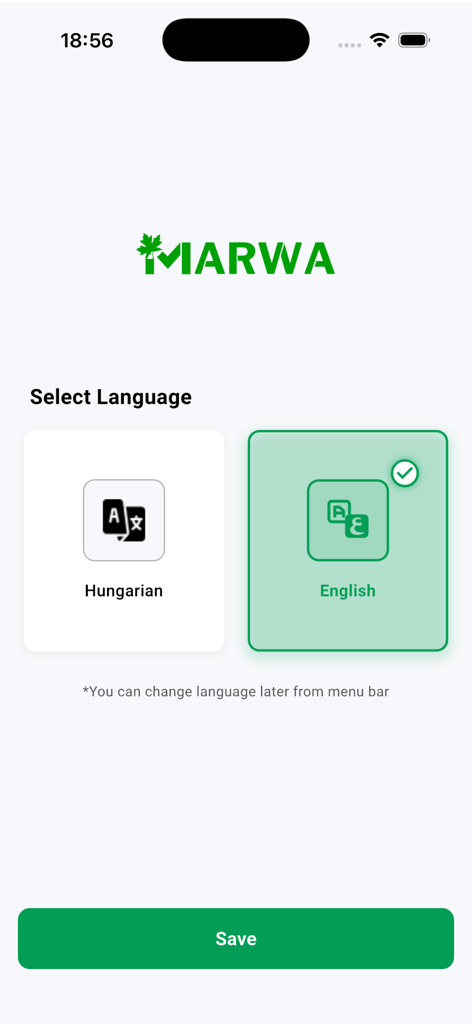 Marwa Foods: Food Delivery - Language selection screen in the Marwa Foods app with options for English and Hungarian