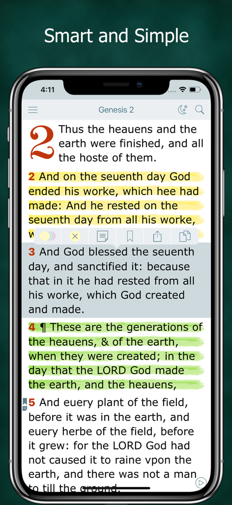 Reading screen of the 1611 King James Bible app featuring historical spellings and highlighted verses