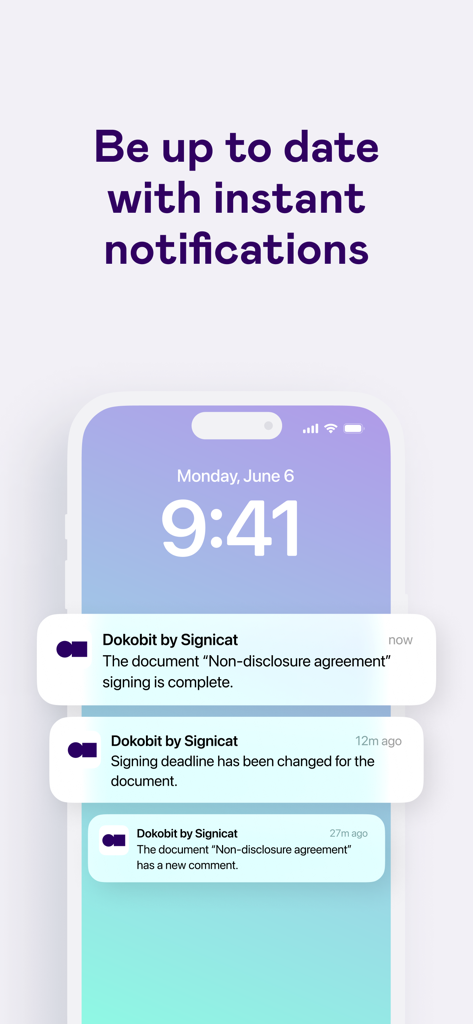 A smartphone lock screen showing Dokobit app notifications about document signing status and deadline changes.