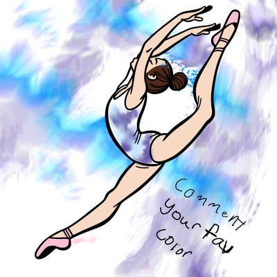 gymnast doing a leap in a leotard with a bent back leg