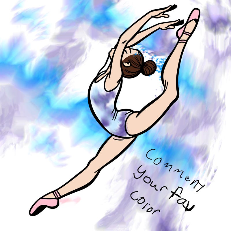 gymnast doing a leap in a leotard with a bent back leg