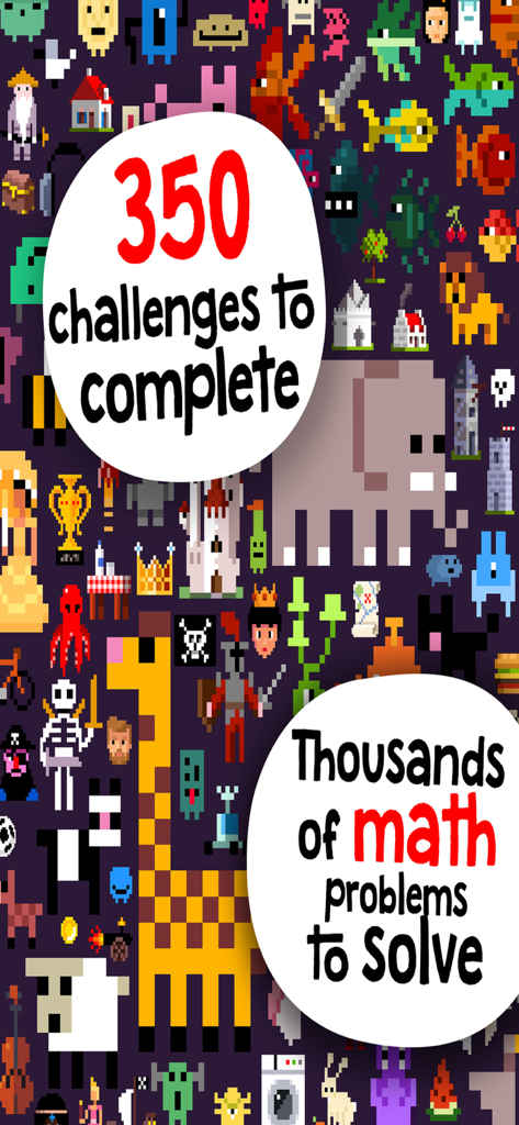 Pixel art characters background with text promoting 350 challenges and thousands of math problems