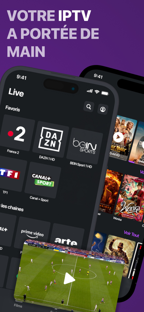 IPTV Smarter Player Pro - Mobile Oberfläche von IPTV Smarter Player Pro, die Live-Sportkanäle und Filmtitel anzeigt