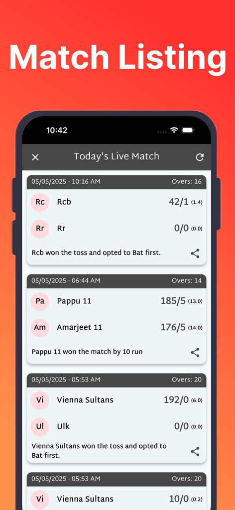 CricÓ app interface showing a list of live and recent cricket matches with scores and team statistics